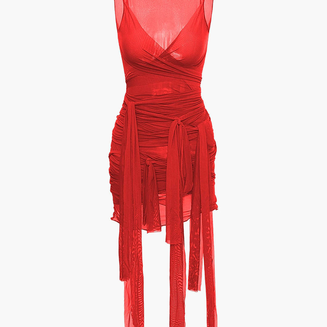 Vilma - Vestido corto de punto semitransparente con lazo