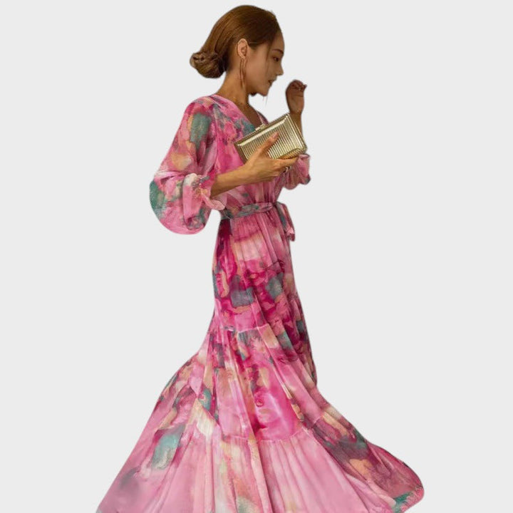 Boho – Vestido largo plisado con escote en V