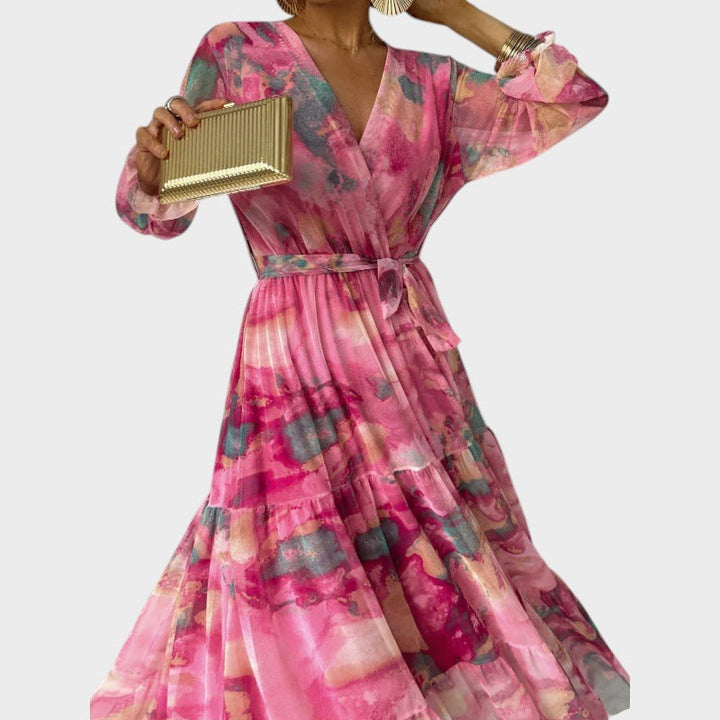 Boho – Vestido largo plisado con escote en V