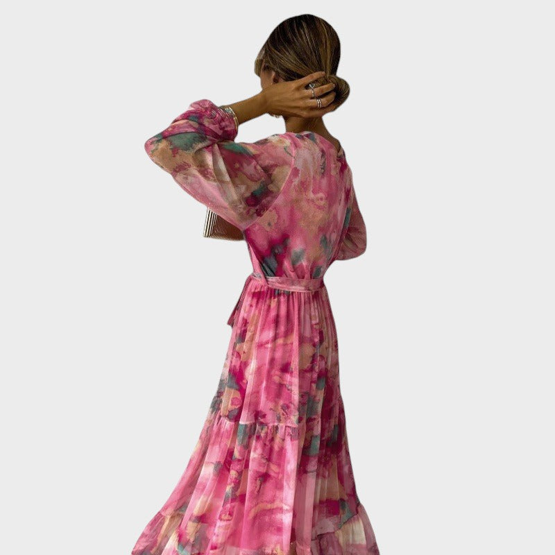 Boho – Vestido largo plisado con escote en V