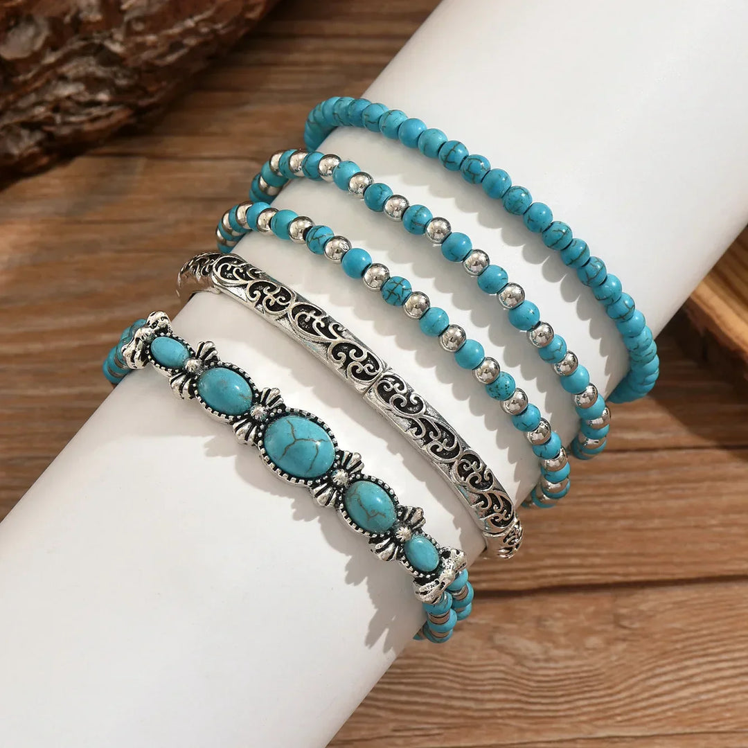 Conjunto de Pulseras Bohemias con Cuentas Turquesa