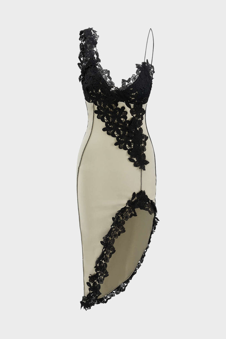 Alexa- Vestido Midi Asimétrico con Encaje y Elegantes Detalles